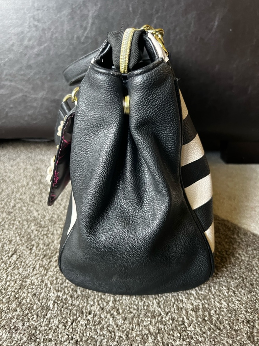 Betsey Johnson Floral Embellished Black and Cream Striped Purse Satchel Bag - Picture 9 of 16